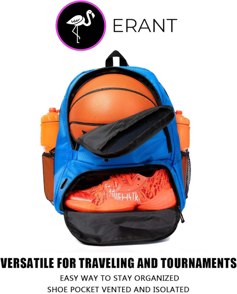 ERANT Athletic Backpack - Large Sports Soccer Basketball Bag - Separate Ball Cleat Compartment - Durable Design - Boys Girls - For Soccer, Basketball, Volleyball and Gym Equipment - Blue/Black