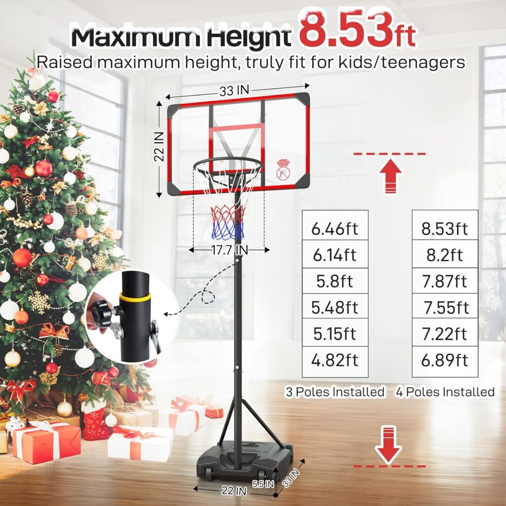 Yohood Kids Basketball Hoop Outdoor 4.82-8.53ft Adjustable, Portable Basketball Hoops Goals for Kids/Teenagers/Youth in Backyard/Driveway/Indoor, with Enlarged Base and PC Backboard