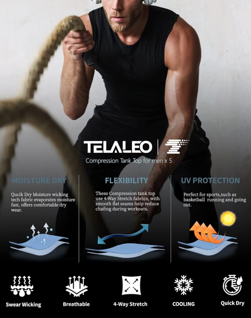 TELALEO 5 Pack Mens Athletic Compression Shirts Sleeveless Workout Tank Top Sports Base Layer Running Basketball White/Black 2XL