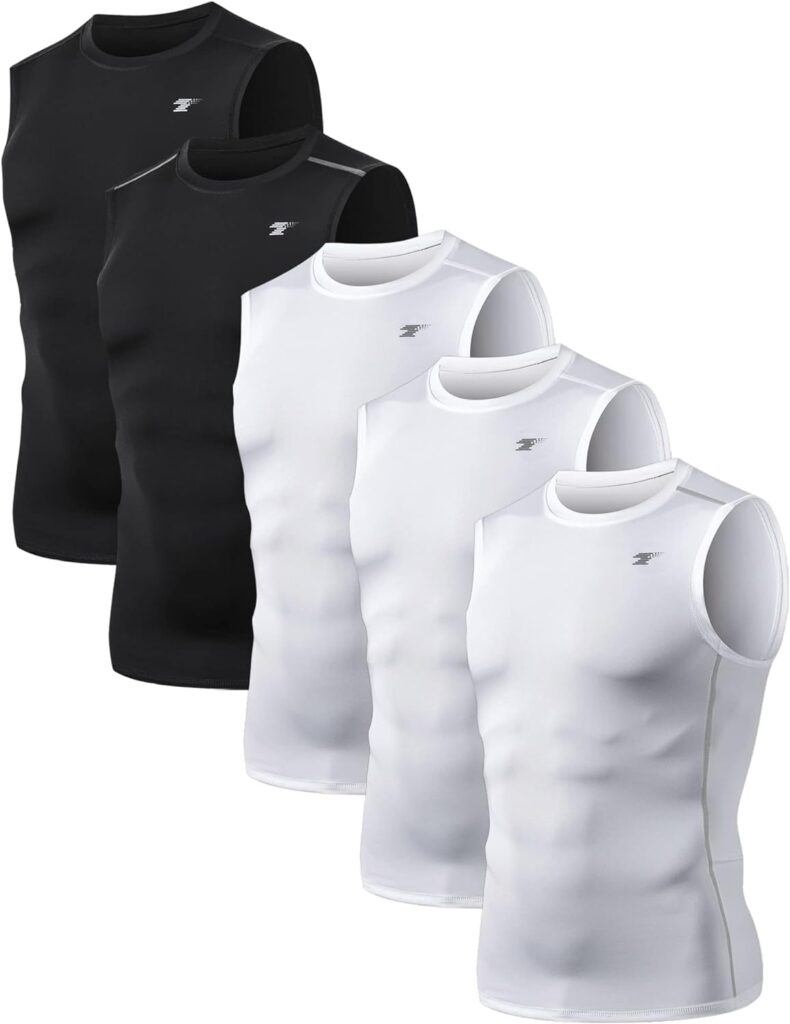 TELALEO 5 Pack Mens Athletic Compression Shirts Sleeveless Workout Tank Top Sports Base Layer Running Basketball White/Black 2XL