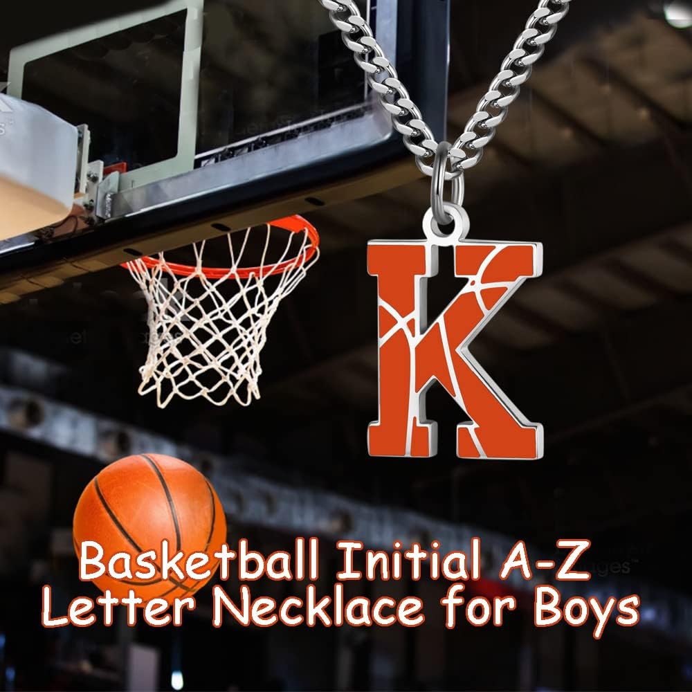 AIAINAGI Basketball Initial A-Z Letter Necklace for Boys Basketball Charm Pendant Stainless Steel Silver Chain 22 inch Personalized Basketball Gift for Men Women Girls