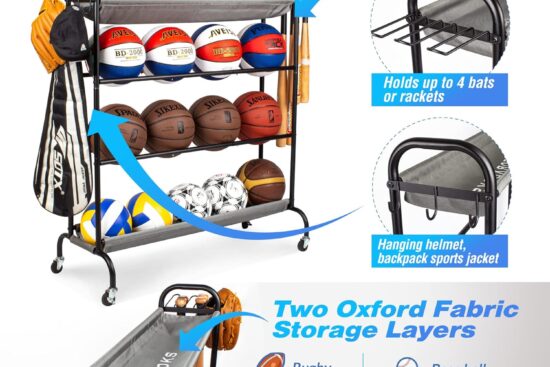 basketball rack garage ball storage stand 4 layer ball rack rolling balls organizer with baseball bat holder hooks sport 1