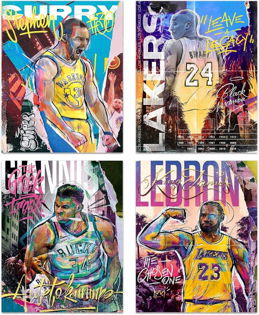 NIIORTY Basketball Stars Wall Art, Graffiti Basketball Art Prints, Stephen Curry Giannis Antetokounmpo Canvas Motivational Posters for Boys Room Man Cave Home Decor, 4-Set (8x10 Unframed)