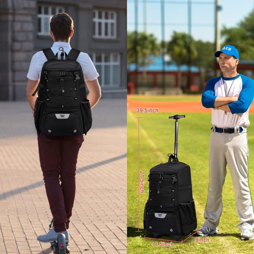 Rolling Baseball Bag Wheeled Softball bag for Adult,Baseball bag with Fence Hook forTeeball Gear,Batting Mitten,Helmet,Bat bag with Shoe Compartment.