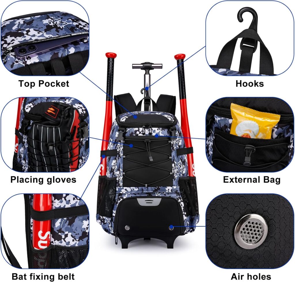 Rolling Baseball Bag Wheeled Softball bag for Adult,Baseball bag with Fence Hook forTeeball Gear,Batting Mitten,Helmet,Bat bag with Shoe Compartment.