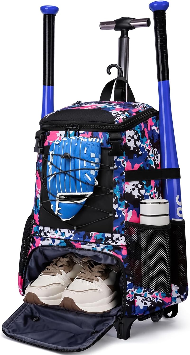 rolling baseball bag wheeled softball bag for adultbaseball bag with fence hook forteeball gearbatting mittenhelmetbat b